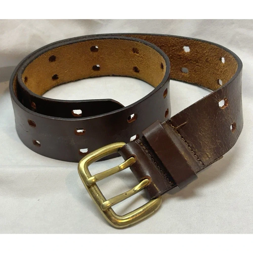 Classic Brown Leather Double-Prong Belt with Brass Buckle